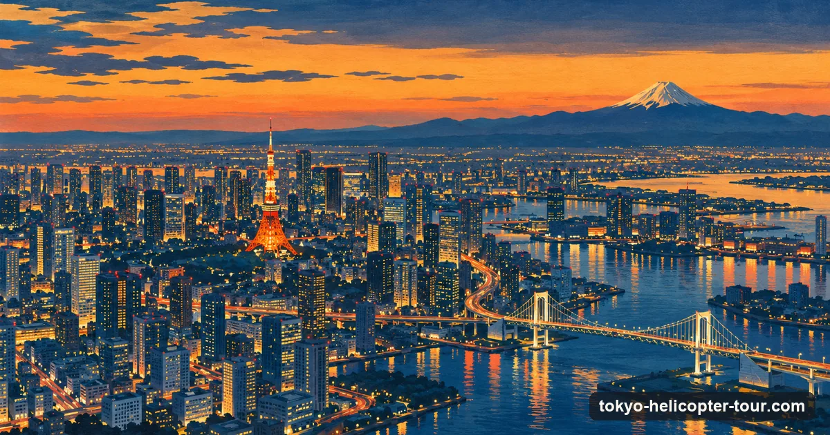 Illustration in travel-poster style: Tokyo from the air at dusk with Tokyo Tower lit up and Mount Fuji on the horizon