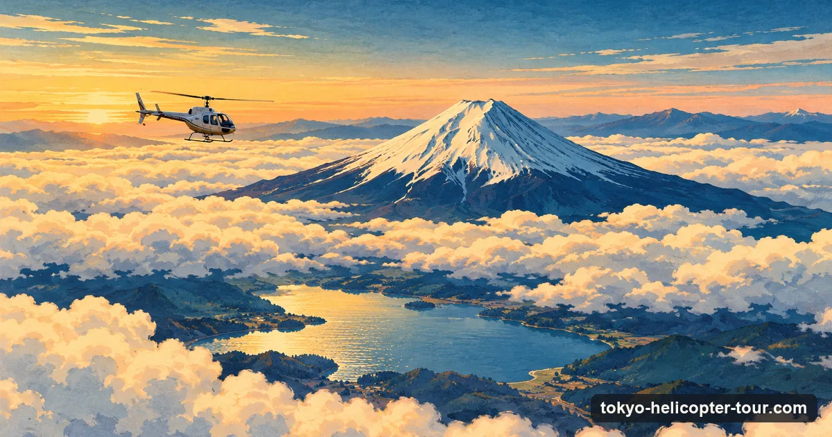 Illustration in travel-poster style: a small helicopter flying past snow-capped Mount Fuji above a sea of clouds