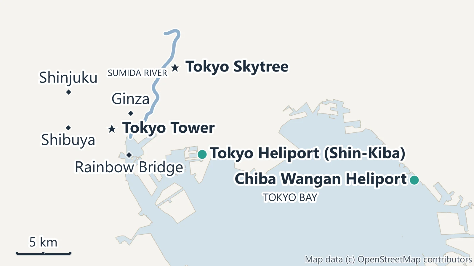Map of where Tokyo helicopter tours take off: Tokyo Heliport at Shin-Kiba on the bay and Chiba Wangan Heliport near Inage Seaside Park, with Tokyo Skytree, Tokyo Tower, the Rainbow Bridge, Ginza, Shinjuku and Shibuya