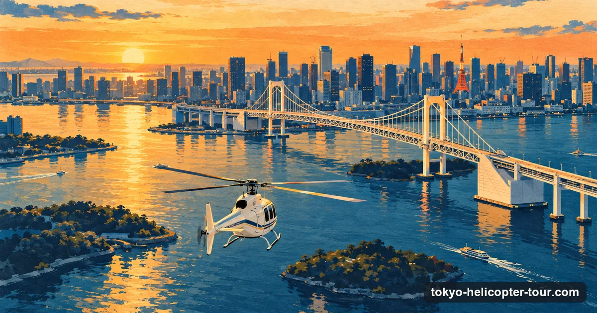 Illustration in travel-poster style: a small helicopter flying over Tokyo Bay toward the Rainbow Bridge at golden hour