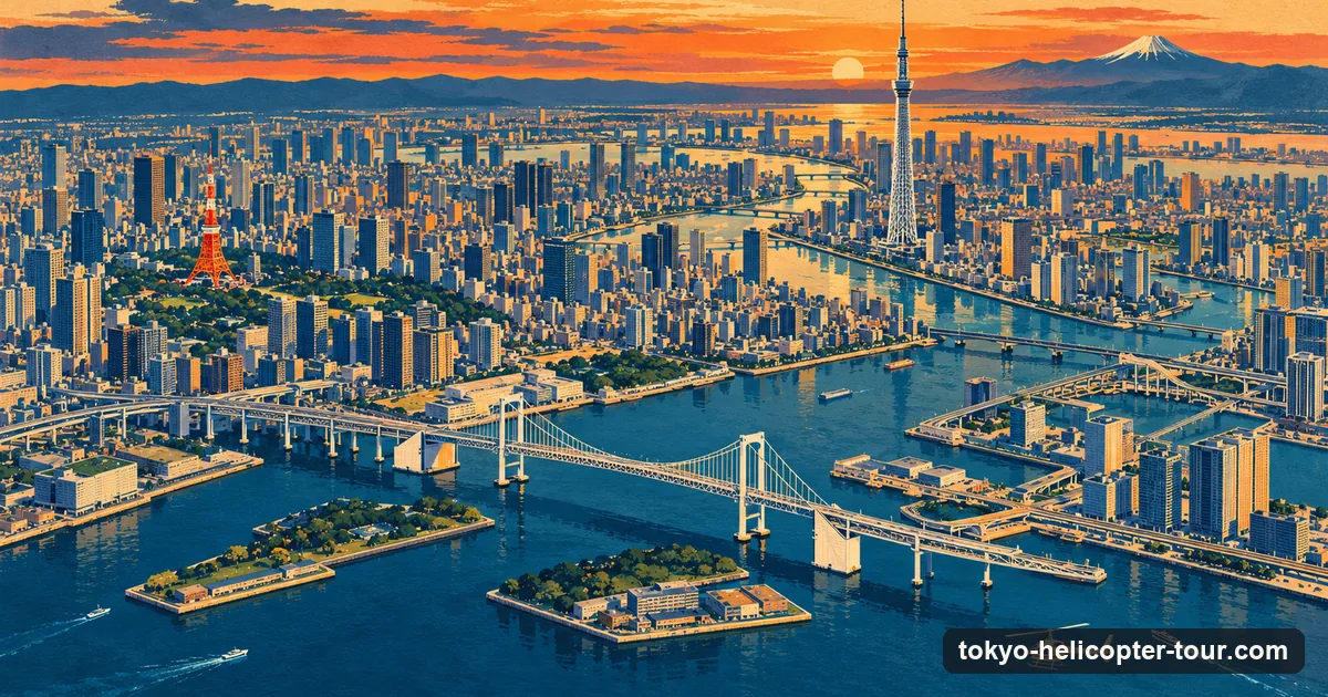Illustration in travel-poster style: a bird's-eye view of Tokyo with the Sumida River, Tokyo Skytree, the bay and the Rainbow Bridge