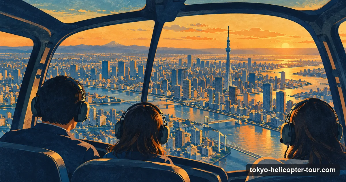 Illustration in travel-poster style: three passengers in headsets, seen from behind, looking out of a helicopter window at the Tokyo skyline
