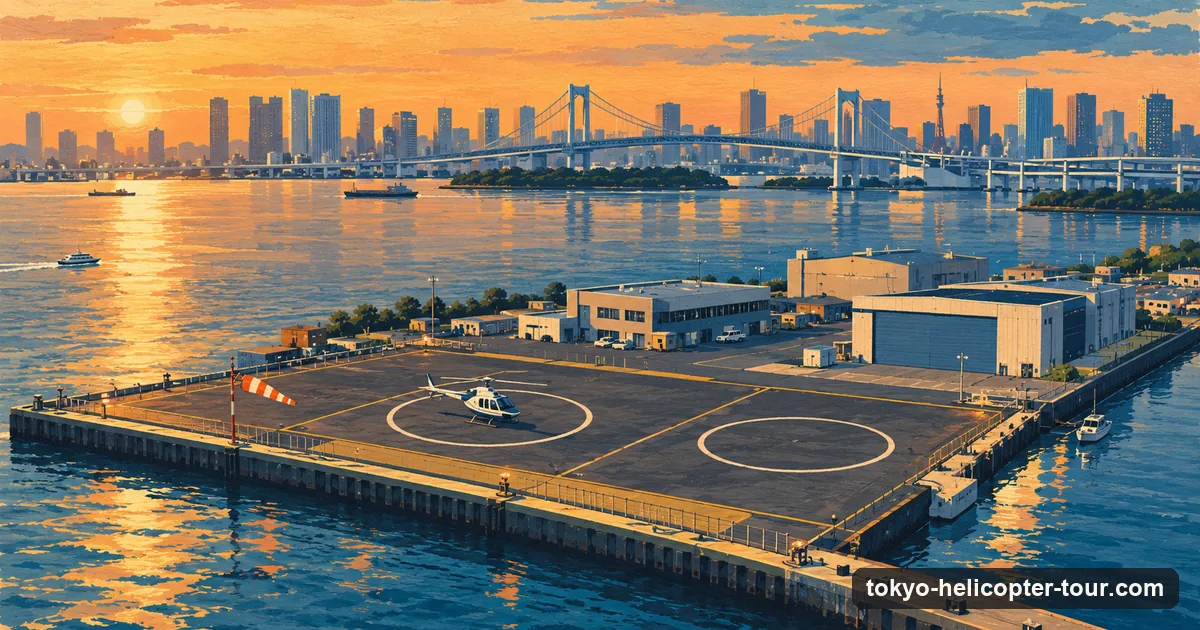Illustration in travel-poster style: a small helicopter waiting on a helipad at a waterside heliport on Tokyo Bay